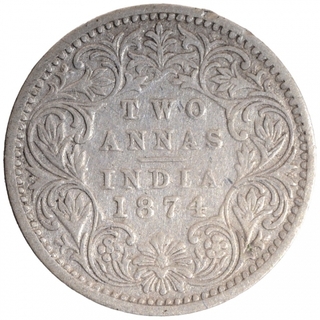 Silver Two Annas Coin of Victoria Queen of Calcutta Mint of 1874.