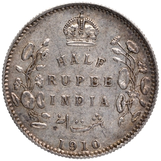 Silver Half Rupee Coin of King Edward VII of Calcutta Mint of 1910.