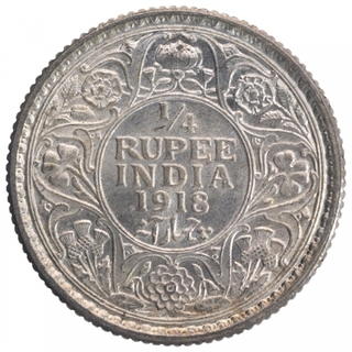 Silver Quarter Rupee Coin of King George V of Calcutta Mint of 1918.