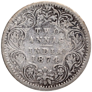 Silver Two Annas Coin of Victoria Queen of Bombay Mint of 1874.