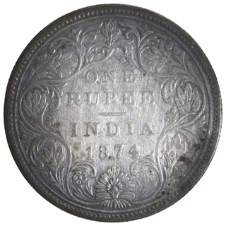 Silver One Rupee Coin of Victoria Queen of Bombay Mint of 1874.