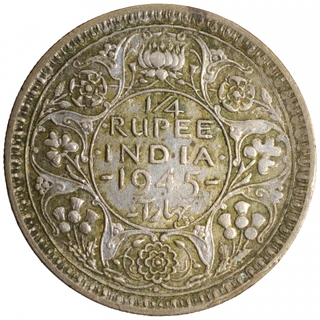 Silver Quarter Rupee Coin of King George VI of Bombay Mint of 1945.