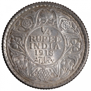 Silver Quarter Rupee Coin of King George V of Calcutta Mint of 1918.