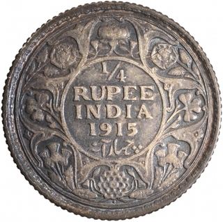 Silver Quarter Rupee Coin of King George V of Bombay Mint of 1915.