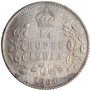 Silver Quarter Rupee Coin of King Edward VII of Calcutta Mint of 1908.