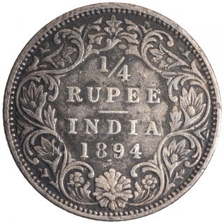 Silver Quarter Rupee Coin of Victoria Empress of Bombay Mint of 1894.