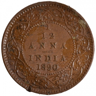 Copper One Twelfth Anna Coin of Victoria Empress of Calcutta Mint of 1890.