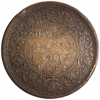 Copper Half Anna Coin of Victoria Queen of Calcutta Mint of 1862.