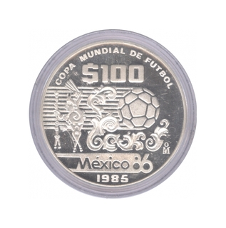 Silver Hundred Dollars Proof Coin of Mexico of 1985.