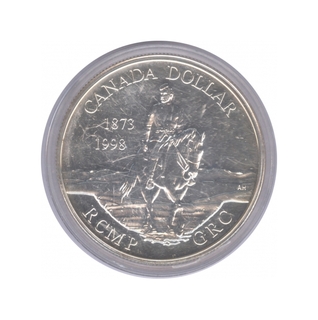 Silver One Dollar Proof Coin of 125th Anniversary of the Royal Canadian Mounted Police.