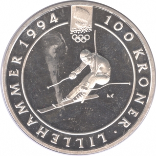 Norway Silver Hundred Kroner Proof Coin of Olympic Games of 1994.