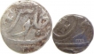 Broach, Imtya Daula, Silver 1/2 Rupee(C#36a, 5.6g, 16.12mm, About Very Fine), Silver Rupee(C#36, 11.4g, 9.72mm, About Fine).