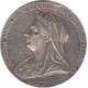 1897. (in Roman numerals), GREAT BRITAIN, Hanover. Victoria. 1837-1901. AR Medal, Diamond Jubilee. By G. W. de Saulles. Dually dated 1837 June 20,  VICTORIA ANNVM REGNI SEXAGESIMVM FELICITER CLAVDIT XX IVN    MDCCCXCVII   , crowned and veiled bust left / Young head of Victoria left on filleted olive b