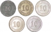 Silver Ten cents of five Coins of  King George V.