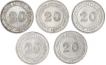 Silver 20 cents of five coins of  King George V.