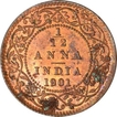 Copper One Twelfth Anna Coin of Victoria Empress of Calcutta Mint of 1901.