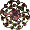 Antique Gold Brooch studdedded with Red Burmese Rubies Emerald and White Sapphire