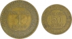 Brass One Francs and Half Francs Coins of France.