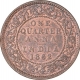 Rare Copper One Quarter Anna Coin of Victoria Queen of Bombay Mint of 1862.