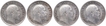 Silver Quarter Rupee Coins of King Edward VII of Calcutta Mint of 1906, 1907, 1908 and 1910.