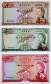 Specimen Set of 10 Shillings 1 Pound and 5 Pounds Notes of States of Jersey of 1963.