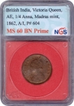 Copper One Quarter Anna Coin of Victoria Queen of Madras Mint of 1862.