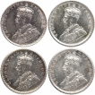 Silver Quarter Rupee Coins of King George V of Calcutta and Bombay Mint of 1928, 1929, 1930 and 1934.