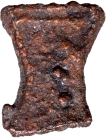 Cast Copper Damru shaped Coin of Kaushambi Region with goddess and Indradhvaja.