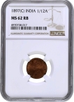 NGC MS 62 RB Graded Copper One Twelfth Anna Coin of Victoria Empress of Calcutta Mint of 1897.