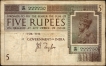 Semi Fancy Five Rupees Banknote of King George V Signed by J B Taylor of 1925.