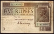 Five Rupees Bank Note of King George V Signed by H. Denning of 1925.