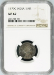 Silver Quarter Rupee Coin of Victoria Empress of Calcutta Mint of 1879.