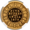 Gold Five Rupees Coin of Victoria Empress of Bombay Mint of 1879.