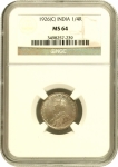 Silver Quarter Rupee Coin of King George V of Calcutta Mint of 1926.