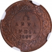 Copper One Twelfth Anna Coin of Victoria Empress of Calcutta Mint of 1897.