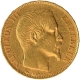 Gold Twenty Francs Coin of Nepoleon III of France of 1854, the date in three lines surrounded by a laurel wreath.