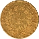 Gold Twenty Francs Coin of Nepoleon III of France of 1854, the date in three lines surrounded by a laurel wreath.