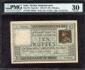  Very Rare high graded PMG Graded 30 Ten Rupees Banknote of King George V Signed by H Denning of 1923. 