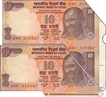 Very Rare sheet cutting 2 Error Notes of Ten Rupees Signed by Y V Reddy of Republic India