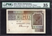 PMG Graded by 35 Choice Very Fine Five Rupees Banknote of King George V Signed by H Denning of 1925.