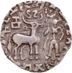 Silver Drachma Coin of Amoghbuti of Kuninda Dynasty with goddess standing on a flower bed.