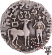 Silver Drachma Coin of Amoghbuti of Kuninda Dynasty with an Indradhvaja between the deer and  the goddess.