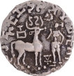 Silver Drachma Coin of Amoghbuti of Kuninda Dynasty with an Indradhvaja between the deer and  the goddess.