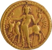 Very  Rare Gold Dinar of Vasudeva I of Kushan Dynasty in Oesho type with letters arranged between the legs of bull.