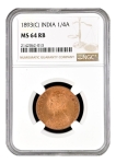 Scarce NGC MS 64 RB Copper One Quarter Anna Coin of Victoria Empress of Calcutta Mint of 1893.