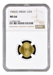 Rare NGC MS 66 Graded Nickel Brass Half Anna Coin of King George VI of Bombay Mint of 1942.