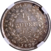 Extremely Rare NGC MS 62 Graded Silver Quarter Rupee Coin of King William IIII of Bombay Mint of 1835.