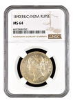 Very Rare NGC MS 64 Graded Silver One Rupee Coin of Victoria Queen of Calcutta and Bombay Mint of 1840.