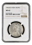 Rare 1862 NGC MS 62 Graded Silver One Rupee Coin of Victoria Queen of Bombay Mint.