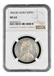 Victoria Queen of NGC MS 62 Graded Silver One Rupee Coin of Bombay Mint of 1862.